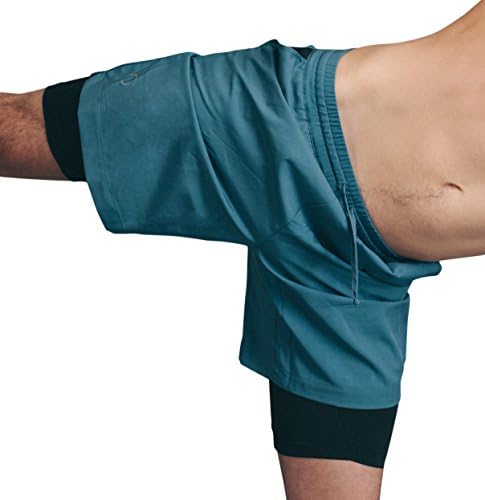 OHMME clothing Warrior 2 men’s double layer 2 in 1 yoga shorts, short pant; perfect for pilates, hot yoga, sports, running or The gym (Large, Ocean Blue)