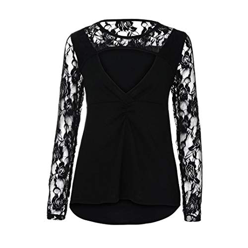 FNKDOR Summer Women Plus Size Hollow Solid V Neck Lace Long Sleeve Transparent Blouse Pullover Tops Shirt