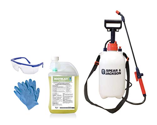 Rootblast 360 Glyphosate Weedkiller 1L bottle with integral measuring device Pair of gloves 5 L Pump Spray Safety Glasses 1L makes up to 50L