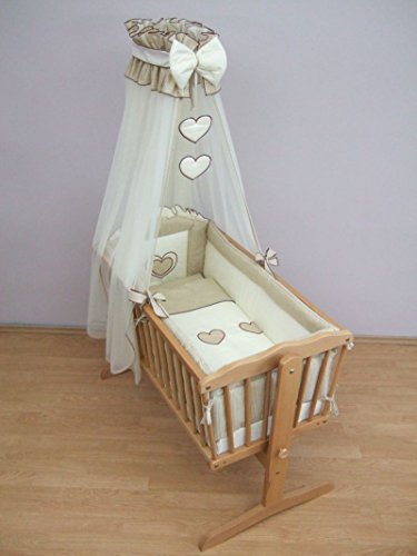 10 Piece Baby Crib Bedding Set 90x40cm Fits Swinging / Rocking Cradle (Hearts Beige Check)