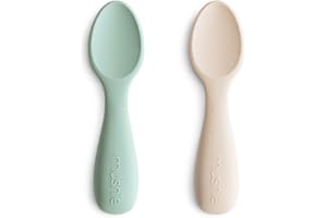 Mushie Silikonowe Łyżki dla Początkujących | Opakowanie 2 Łyżek dla Małych Dzieci | Niemowląt Uczących Się Jeść Samodzielnie | Nadają Się do Mycia w Zmywarce | Cambridge/Shifting Sand