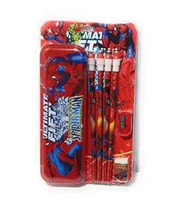 The Ethnicity cartoon printed stationary kit birthday return gift for kids boys girls includes 1 metal pencil box , 4 pencils, 1 eraser , 1 pencil grip and 1 sharpener ( Mix Designs ) (Pack of 1 set Boys ))