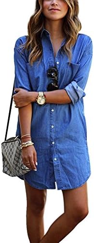 Women's Sexy Denim Button Down Pocket Long Sleeve Tops Jeans Shirt Short Dress (UK XL =ASIA 2XL)