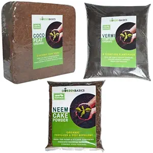 GARDENBASICS Natural Vermicompost 5kg, Cocopeat Block 5 Kg & Bio Organic Neem Cake Powder 1kg, Best for Home Garden & Indoor Plants- Super Saver Combo