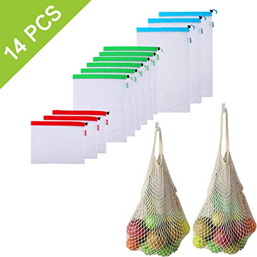 Hinyx - Sacchetti riutilizzabili in rete, 12 pezzi, lavabili, ecologici + 2 pezzi, in cotone, per la spesa e la spesa, per conservare frutta e verdura, giocattoli, set da 14