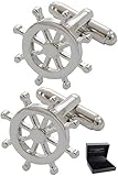 Dimensiones: 19mm. COLLAR AND CUFFS LONDON - Gemelos Caja DE Regalo - Rueda de la Nave - Latón - Color Plata - Redonda Barco Enviar Yate Navegación Marinero Armada Náutico