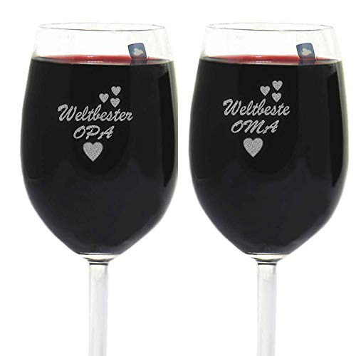 van Hoogen Leonardo - Calice da Vino con Incisione Weltbeste Mama Oder Weltbester Papa, 365 ml, per Vino Rosso e Bianco, Vetro, Set Oma & Opa, 365ml