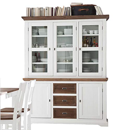 MÖBEL IDEAL Buffetschrank Fleur im modernen Landhausstil Weiß/Braun Küchenschrank B 168 x T 47 x H 210 cm Schrank Akazie Massiv