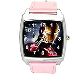 Taport® Iron Man Quarz-Armbanduhr, quadratisch, SCI FI, echtes Lederband, inklusive Ersatzakku und Geschenkbeutel, Pink