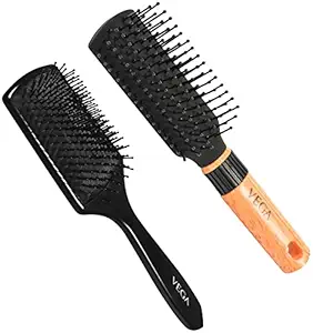 VEGA Mini Paddle Brush, black, 100 g And Vega Mini Flat Brush with Wooden Colored Handle and Black Colored Brush Head