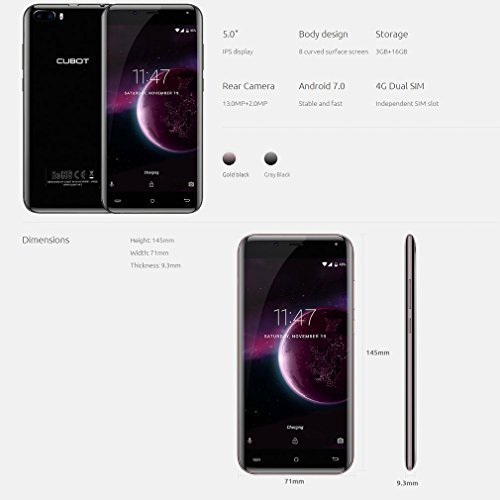 Cubot Magic Smartphone ohne Vertrag Android 7.0 4G-LTE Dual Sim, 5 Zoll HD IPS Touch Display, 3GB RAM+16GB ROM, Dual Rear Kamera 13MP+ 5MP Front Kamera, kapazitives Display, GPS, Wifi, Bluetooth 4.0,2600mAh Akku (Schwarz )
