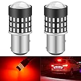★【 Bul 1157 bombillas BAY15D LED】 Cada bombilla tiene 54pcs chips de alta potencia 3014 led, salida de corriente eléctrica 0.25A, potencia nominal de aproximadamente 3.1W, rojo brillante, voltaje: 12V a 24V.650 lúmenes de salida y está diseñado para durar 50,000 horas - 50 veces más que los incandescentes. Extremadamente brillante, ultra brillante y ahorro de energía.