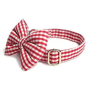 Heads Up For Tails Red Gingham Adjustable Dog Collar with Free Bow Tie - XS