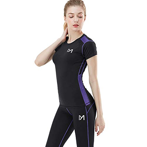MEETYOO Compression T-Shirt Femme, Legging Sport Vetement Fitness Pantalon Maillot Manches Courtes Jogging Base Layer pour Running Yoga Cyclisme Workout