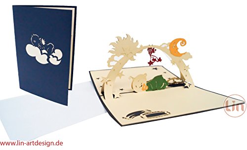 LIN-POP UP 3D Grußkarten Glückwunschkarten Geburtskarten Baby im Schlaf, blau