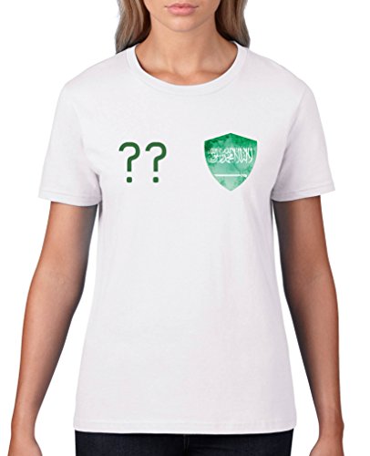 Comedy Shirts – Saudi-Arabien Trikot – Wappen: Klein – Wunsch – Damen T-Shirt – Weiss / Dunkelgrün Gr. S