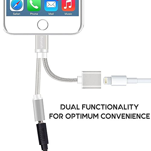 2 in 1 Lightning Adapter for iPhone X / iPhone 8 / iPhone 8 Plus / iPhone 7 / iPhone 7 Plus , Beyeah Dual Lightning Headphone Audio & Charge Adapter for iphone 7 / iphone 7 Plus [No Music Control and Phone Communication] (Sliver)- Compatible for iOS 10.3.2 or later