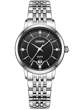 Longbo Damen Luxus Silber Edelstahl Band Business Uhren wasserdicht Auto Datum Kalender Analog Quarz schwarzes...