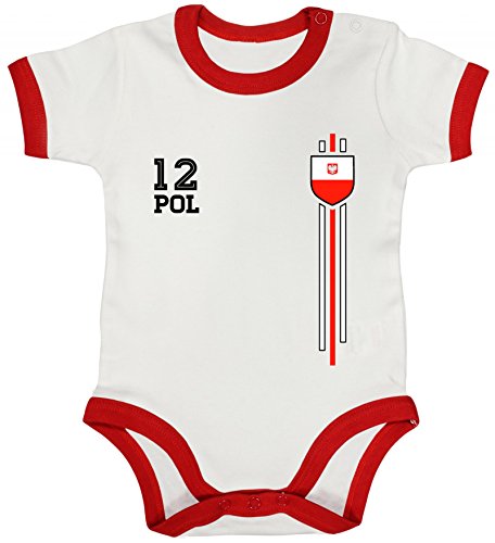 Poland Polska World Cup Fussball WM Fanfest Gruppen Ringer Strampler Baumwoll Baby Body kurzarm Jungen Mädchen Streifen Trikot Polen, Größe: 12-18 Monate,White/Red