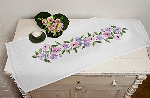 Kamaca Stickpackung Tischdecke STIEFMÜTTERCHEN Kreuzstich vorgezeichnet aus Baumwolle Stickset mit Stickvorlage (Tischläufer 40x100 cm)