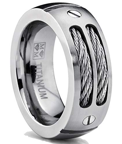 Ultimate Metals® Alianza de Boda Titanio Para Hombre, Banda Anillo Incrustada Con Cables De Acero 8mm