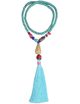 eManco “Bunte Leben” Lange Holz-Perlen Quaste Anhänger Kette für Damen Schmuck & Geschenk Etui (11 Farben)