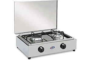 CASELLATO Réchaud de table en acier PARKER 2 feux avec plateau amovible pour le nettoyage alimentation gaz GPL (boutons) avec soupapes de sécurité pour usage intérieur