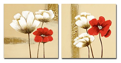 Wieco Art Lot de 2 photos imprimées sur toiles encadrées Motif fleurs Rouge et blanc