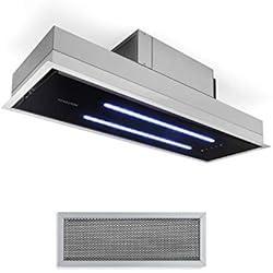 Klarstein High Line Hotte aspirante de plafond, encastrée, 77 cm, CEE C, 410 m3/h, air de circulation et d'évacuation, 3 niveaux, LED, télécommande et filtre à charbon actif, inox/verre noir