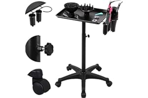 Beltom® Carro de Trabajo de Aluminio Profesional para peluquerías y esteticistas con 5 Ruedas. Altura Ajustable - Negro