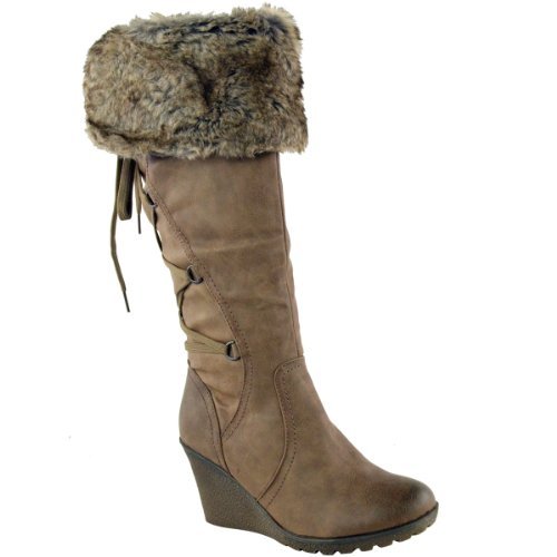 Ladies Womens Fur Lined MID Wedge Boots 
