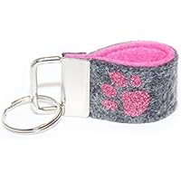 Mini Schlüsselanhänger aus Wollfilz mit Pfote dunkelgrau/ rosa mit Glitzer
