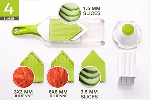 Die Twinzee Compact V-Hobel Mandoline Reibe – sie wird mit vier Aufsätzen mit Klingen aus rostfreiem Stahl geliefert und verfügt über einen praktischen Griff in schützender und ergonomischer Form. - 3