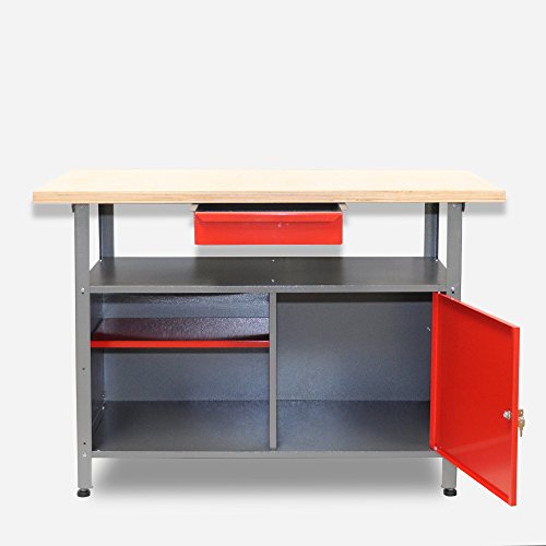 Werkbank aus Metall mit 30 mm Sperrholzplatte mit einer verschließbaren Tür, einer Schublade sowie einer Zwischenablage, Maße B 120 x H 85 X T 60 cm - 2