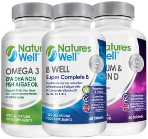 Brain &amp; Mind Bundle, 100% Halal Certified &amp; Kosher, Potent &amp; Premium Quality Supplements, (B Well) B Complete Vitamins, Omega 3 EPA DHA Algae Oil, Calcium &amp; Vitamin D all 60 Supply, Optimised Vegetarian Supplements by Natures Well