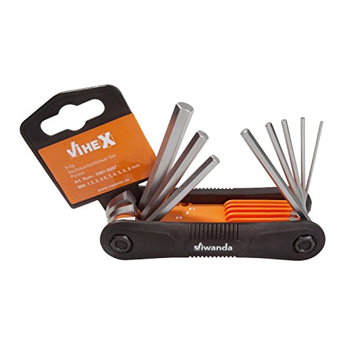 Viwanda ViHEX 8 tlg. einklappare Sechskantsschlüssel, Winkelschlüssel (metrisch), Chrom-Vanadium-Stahl, Größe 1,5 - 2 - 2,5 bis 3 - 4 bis 5 - 6 - 8 mm