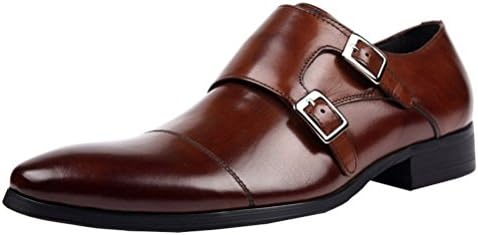 Wuf Men's Genuine Leather Dress Formal Shoes Double Monk Strap Cap Toe