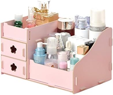 Aboqueen Cosmetic Organiser Makeup Storage Box with Drawers for Bathroom/Bedroom Desktop Wooden Brush Holder Case(25cmx16cmx13.5cm,Pink)