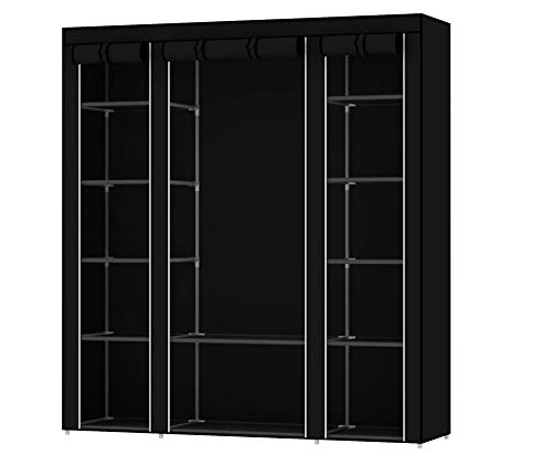 Intirilife Armoire de Rangement Pliable 150x175x45 cm en Noir Corbeau - Penderie Dressing Textile en Tissu Intissé avec Fermeture à Glissière - Garde-Robe Placard Camping