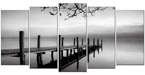 Dekoarte 150 - Cuadro moderno en lienzo 5 piezas XXL paisaje naturaleza embarcadero zen blanco y negro, 200x3x100cm