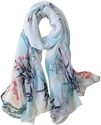 DAMILY Scarf, Elegant Bamboo Leaves Print Shawl Wrap-Stylish Delicate Silk Stole (Blue)