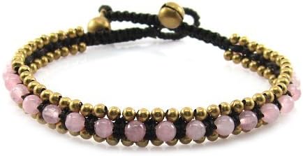 MGD, Pink Rose Quartz Color Bead with Golden Beads and Brass Bell Anklet. Beautiful Handmade Stone Ankle Bracelet Made From Wax Cord. Fashion Jewelry for Women, Teens and Girls, JB-0179A