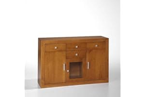 Dogar Moblit Aparador de Tres Puertas Cuatro Cajones Madera de Pino Maciza Color Cerezo Claro Serie Kalpe Medida (86X130X42) Cm (Alto/Ancho/Fondo)
