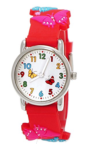 Süße Pure Time Kinderuhr,Kinder Silikon Armband Uhr mit Schmetterling Motiv Rot,inkl. Uhrenbox