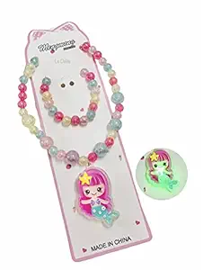 Le Delite Kids Jewellery Combo -Box case LED Light Pink Pearl mala pendent Chain,Girls braclet &Finger Ring/Necklace Jewelry Set, Unicorn Birthday Gifts Girls, Stylish Necklace (Mermaid)