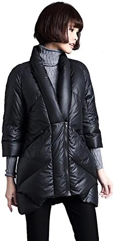 women's short down jacket v collar 3/4 sleeve hooded long coats zipper thickened waterproof lightweight outwear warm parkas . black . m