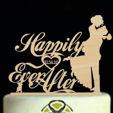 Happily Ever After Wedding Date Cake Topper,Personalized Wedding Date Silhouette Cake Topper,Bride and Groom Cake Topper with Dog,Unique Heart Cake Topper