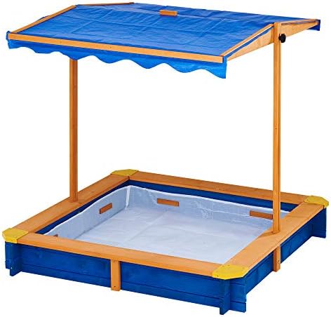 Teamson Kids Wooden Sand Pit con Coperchio, Grande Scatola di Sabbia all'aperto con Copertura a baldacchino rotabile per Giardino Esterno, Altezza Regolabile, Sabbia per Bambini