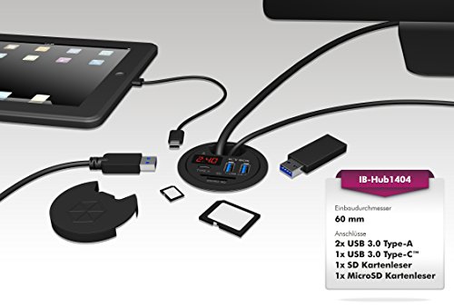 Icy Box IB-Hub1404 Tisch-Hub (60 mm) zum Einbau, 2x USB 3.0, 1x Type-C, Ladefunktion, SD-Kartenleser, LED-Display, Kabeldurchführung, schwarz - 3