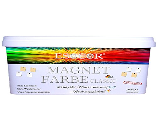 Jetzt noch stärker! 1 Liter Esocor® Magnetfarbe classic + 5 Neodym- Test Magnete Gratis – verleiht jeder Wand Anziehungskraft – stark magnethaftend – sehr Allergikerfreundlich – Ohne Konservierungsmittel – Ideal für sensible Innenräume